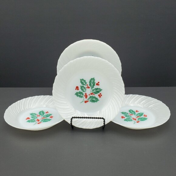 Termocrisa Holly Berry White Milk Glass Christmas Bowls 7.5" White Swirl Edge - Picture 1 of 7